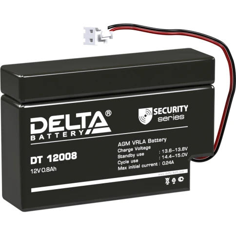 Батарея DELTA серия DT, DT 12008 (T13), напряжение 12В, емкость 0.8Ач (разряд 20 часов),  макс. ток разряда (5 сек.) 10.5А, макс. ток заряда 0.24А, свинцово-кислотная типа AGM, клеммы T13, ДxШxВ 97х25х63мм., вес 0.4кг., срок службы 5 лет./ Battery DELTA s фото 1