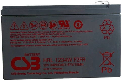 Батарея CSB серия HRL, HRL1234W F2 FR, напряжение 12В, емкость 8.5Ач (разряд 20 часов), 34 Вт/Эл при 15-мин. разряде до U кон. - 1.67 В/Эл при 25 °С, макс. ток разряда (5 сек.) 130А, ток короткого замыкания 367А, макс. ток заряда 3.4A, свинцово-кислотная фото 1