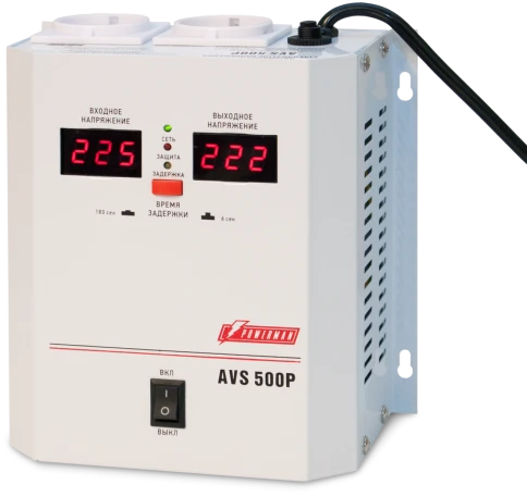 Стабилизатор POWERMAN AVS 500P, ступенчатый регулятор, цифровые индикаторы уровней напряжения, 500ВА, 110-260В, максимальный входной ток 5А, 2 евророзетки, IP-20, навесной,   185мм х 170мм х 100мм, 2,5 кг./ Stabilizer POWERMAN AVS 500P, step-type regulato фото 1