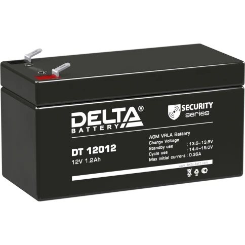 Батарея DELTA серия DT, DT 12012, напряжение 12В, емкость 1.2Ач (разряд 20 часов),  макс. ток разряда (5 сек.) 19.5А, макс. ток заряда 0.36А, свинцово-кислотная типа AGM, клеммы F1, ДxШxВ 97х45х52мм., вес 0.55кг., срок службы 5 лет./ Battery DELTA series фото 1