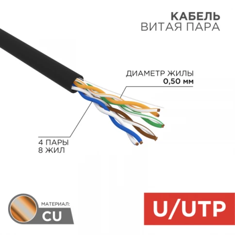 Кабель информационный U/UTP категория 5е 4х2х24AWG(0,50мм) 305м (медь) PE OUTDOOR solid черный РФ REXANT фото 1