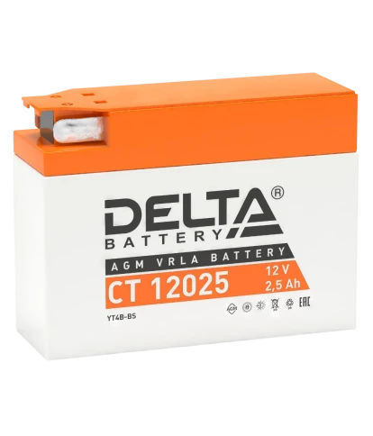 Аккумуляторная батарея для мото-техники/ DELTA серия  CT, CT 12025, напряжение 12В, емкость 2,5 Ач (разряд 10 часов 10.5 В), пусковой ток: 40А, полярность обратная ( - +),  тип AGM;Pb (свинцово-кислотный), клеммы: BN под болт,  ДxШxВ 114x39x87мм., вес  0, фото 1