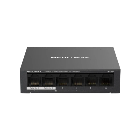 Коммутатор/ 6-Port 10/100 Mbps Desktop Switch with 4-Port PoE+ PORT: 4x10/100 Mbps PoE+ Ports, 2x10/100 Mbps Non-PoE Ports SPEC: Compatible with 802.3af/at PDs, 40 W PoE Power, Desktop Steel Case, Wall Mounting FEATURE: Extend Mode for 250m PoE Transmitti фото 1