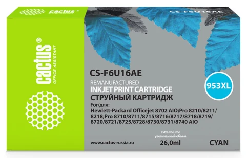 -/ Картридж струйный Cactus CS-F6U16AE 953XL голубой (26мл) для HP OJ Pro 7740/8210/8218/8710/8715 фото 1