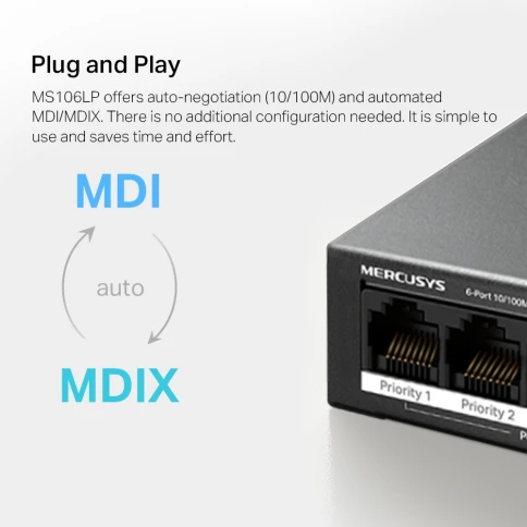Коммутатор/ 6-Port 10/100 Mbps Desktop Switch with 4-Port PoE+ PORT: 4x10/100 Mbps PoE+ Ports, 2x10/100 Mbps Non-PoE Ports SPEC: Compatible with 802.3af/at PDs, 40 W PoE Power, Desktop Steel Case, Wall Mounting FEATURE: Extend Mode for 250m PoE Transmitti фото 9