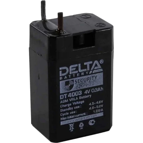 Батарея DELTA серия DT, DT 4003, напряжение 4В, емкость 0.3Ач (разряд 20 часов), макс. ток заряда 0.09А, свинцово-кислотная типа AGM, клеммы вывод под пайку5мм., ДxШxВ 26х21х40мм., 0.045кг., срок службы 5 лет./ Battery DELTA series DT, DT 4003, voltage 4V фото 3