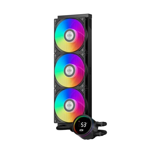 Система охлаждения/ Water Cooling System PCCooler DA360 Pro ARGB Digital BK (300W, 360mm, LED temp., Black, ARGB/ Fans: 3x120mm, 75.8CFM, 33.7dBA, 2200RPM/ Pump height 57mm, 28dBA, 3000RPM, Rad thickness 27mm/ S: 1851, 1700, 1200, 20XX, 115X, AM5, AM4) фото 2