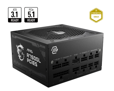 Блок питания ПК/ Power Supply MSI MAG A750GL PCIE5, 750W 80+ Gold (ATX, 3.1, PCIe 5.1, Full modular, 1x24(20+4)pin, 2xCPU 8(4+4)pin, 3xPCIe*2 8(6+2)pin, 1x12VHPWR, 8xSATA3, 4xMOLEX4pin, Active, 120x120mm, 140x150x86mm, APFC, black) фото 2