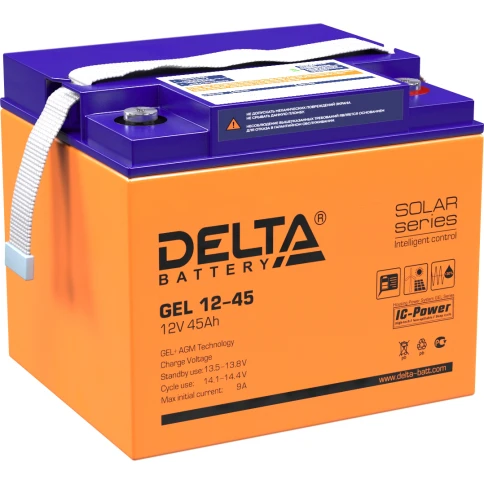 Батарея DELTA серия GEL, GEL 12-45, напряжение 12В, емкость 45Ач (разряд 20 часов),  макс. ток разряда (5 сек.) 450А, макс. ток заряда 9А, свинцово-кислотная типа AGM+GEL, клеммы под болт М6, ДxШxВ 196х166х173мм., вес 14.1кг., LCD, срок службы 10-12 лет./ фото 1