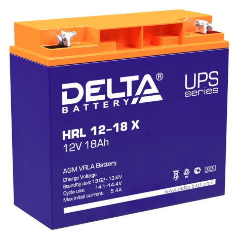 Батарея DELTA серия HRL-X, HRL 12-18 X, напряжение 12В, емкость 18Ач (разряд 10 часов),  макс. ток разряда (5 сек.) 230А, макс. ток заряда 5.4А, свинцово-кислотная типа AGM, клеммы под гайку и болт M6, ДxШxВ 181х77х167мм., вес 6.2кг., срок службы 12 лет./ фото 1