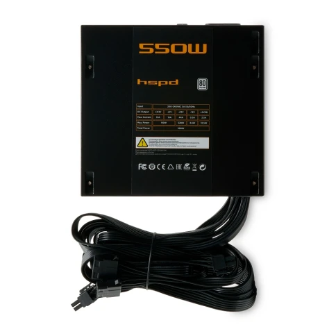 Блок питания/ Power Supply HSPD, 550W 80+ White (ATX, 2.31, Non-modular, 1x24(20+4)pin 500mm, 1xCPU 8(4+4)pin 550mm, 1xPCIe 8(6+2)pin 500mm, 1xSATA*3 400+150+150mm, 1xSATA*2 400+150mm, 1xMOLEX*2 400+150mm , Active, 120x120mm, 150x140x86mm, APFC, OVP, OPP, фото 3