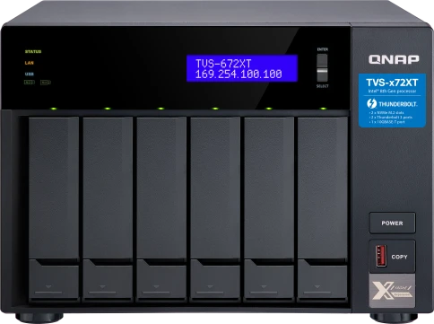 Сетевое хранилище без дисков/ SMB QNAP TVS-672XT-i3-8G 6-Bay NAS, Intel Core i3-8100T 4-core 3.1 GHz Processor, 8GB DDR4 RAM (max 32GB RAM), 6x 2.5"/3.5" SATA HDD/SSD + 2x M.2 PCIe  SSD slot, 2xGbE LAN, 1 x 10GBase-T, 2 x Thunderbolt 3 port фото 1