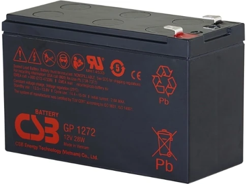 Батарея CSB серия GP, GP1272 (12V28W) , напряжение 12В, емкость 7Ач (разряд 20 часов), емкость 28 Вт/Эл при 15-мин. разряде до U кон. - 1.67 В/Эл при 25 °С, макс. ток разряда (5 сек.) 100А, ток короткого замыкания 304А, макс. ток заряда 2.8A, свинцово-кис фото 1