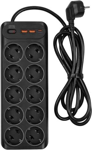 Сетевой фильтр-удлинитель/ PowerCom SP-10 USB2A1CB 1.8M, 10 розеток, черный, 16А, 4кВт, 204Дж, защитные шторки, защита от КЗ, перегрузки и импульсных помех, один порт USB-C(PD20W) и два USB-A(QC3.0) суммарной мощностью 15Вт, кабель 3x1 мм2, ШхГхВ 268х105х фото 1