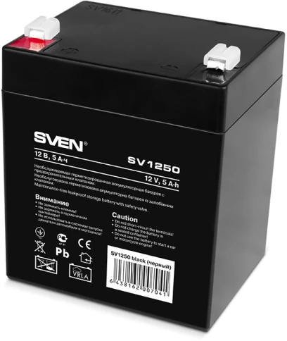 Батарея SVEN SV 1250 (12V 5Ah), напряжение 12В, емкость 5А*ч, макс. ток разряда 80А, макс. ток заряда 1.5А, свинцово-кислотная типа AGM, тип клемм F1/ Battery SVEN SV 1250 (12V 5Ah), 12V voltage, 5A*h capacity, max. discharging rate of 80A, max. charging фото 1