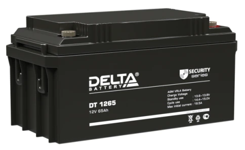 Батарея DELTA серия DT, DT 1265, напряжение 12В, емкость 65Ач (разряд 20 часов),  макс. ток разряда (5 сек.) 650А, макс. ток заряда 19.5А, свинцово-кислотная типа AGM, клеммы под болт М6, ДxШxВ 350х167х174мм., вес 21кг., срок службы 7-10 лет./ Battery DEL фото 1