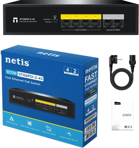 Коммутатор/ Неуправляемый PoE коммутатор Fast Ethernet netis ST106PDI-2-43 , 4 порта 100 Мбит/с PoE+ , 2 порта 100 Мбит/с RJ45 Uplink фото 10