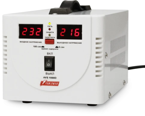 Стабилизатор POWERMAN AVS 1000D, ступенчатый регулятор, цифровые индикаторы уровней напряжения, 1000ВА, 140-260В, максимальный входной ток 7А, 2 евророзетки, IP-20, напольный,  200мм х 150мм х 140мм, 2,3 кг./ Stabilizer POWERMAN AVS 1000D, step-type regul фото 2