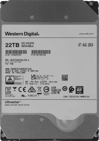 Жесткий диск WD SATA-III 22TB 0F48155 WUH722222ALE6L4 Server Ultrastar DC HC570 512E (7200rpm) 512Mb 3.5" [0F48155] фото 1