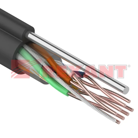 Кабель информационный U/UTP категория 5е 4х2х24AWG(0,50мм) 305м (медь) PE OUTDOOR + ТРОС*1 solid черный REXANT (01-0046) фото 1