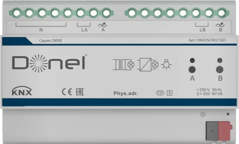 Donel KNX SCR диммер 2-канальный, Установка на DIN-рейку, макс. нагрузка 300 Вт, управление фазой, диммирование SCR, Cерия DKNX фото 1