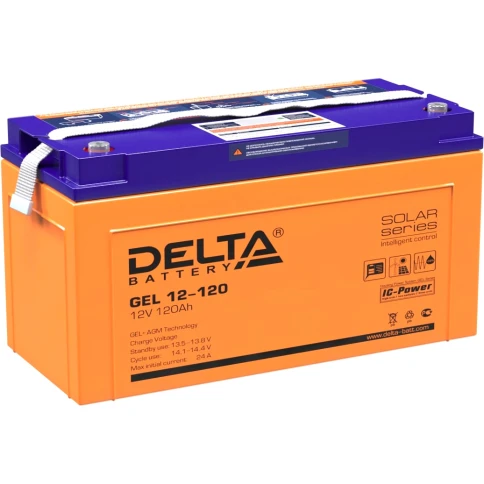 Батарея DELTA серия GEL, GEL 12-120, напряжение 12В, емкость 120Ач (разряд 10 часов),  макс. ток разряда (5 сек.) 950А, макс. ток заряда 24А, свинцово-кислотная типа AGM+GEL, клеммы под болт М8, ДxШxВ 406х172х223мм., вес 38.4кг., LCD, срок службы 10-12 ле фото 1