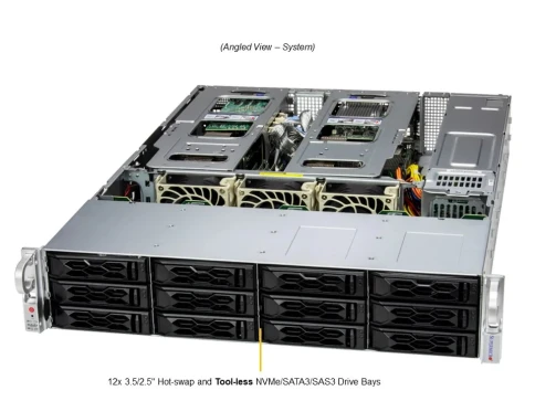 Серверная платформа/ SYS-621C-TN12R (bundle9): 2U / 2x LGA-4677 / 16x DDR5 RDIMM / 12x 3.5/2.5 NVMe/SATA/SAS /  2x PCIe 5.0 x16 FHHL / 3x PCIe 5.0 x8 FHHL / 2x PCIe 5.0 x4 NVMe M.2 / 1x 2-Port 1GbE RJ45 / TPM / 2x 1200W Power (12 NVME config) фото 2