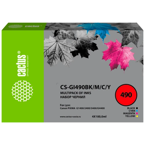 -/ Чернила Cactus CS-GI490BK/M/C/Y GI-490 многоцветный набор 4x100мл для Canon Pixma G1400/G2400/G3400 фото 1