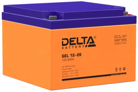 Батарея DELTA серия GEL, GEL 12-26, напряжение 12В, емкость 26Ач (разряд 20 часов),  макс. ток разряда (5 сек.) 300А, макс. ток заряда 5.2А, свинцово-кислотная типа AGM+GEL, клеммы под болт М6, ДxШxВ 166х175х125мм., вес 8.1кг., срок службы 10-12 лет./ Bat фото 1