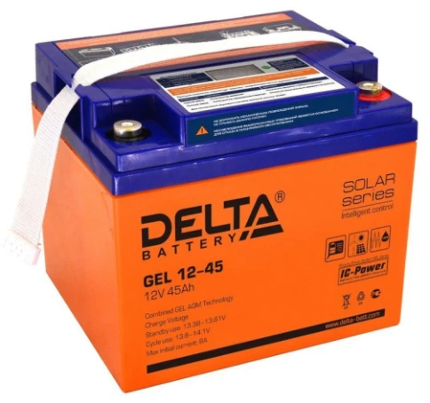 Батарея DELTA серия GEL, GEL 12-45, напряжение 12В, емкость 45Ач (разряд 20 часов),  макс. ток разряда (5 сек.) 450А, макс. ток заряда 9А, свинцово-кислотная типа AGM+GEL, клеммы под болт М6, ДxШxВ 196х166х173мм., вес 14.1кг., LCD, срок службы 10-12 лет./ фото 1