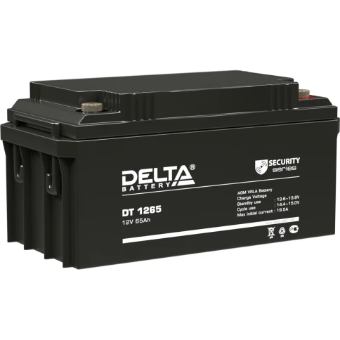 Батарея DELTA серия DT, DT 1265, напряжение 12В, емкость 65Ач (разряд 20 часов),  макс. ток разряда (5 сек.) 650А, макс. ток заряда 19.5А, свинцово-кислотная типа AGM, клеммы под болт М6, ДxШxВ 350х167х174мм., вес 21кг., срок службы 7-10 лет./ Battery DEL фото 1