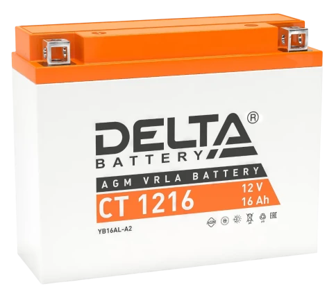 Аккумуляторная батарея для мото-техники/ DELTA серия  CT, CT 1216, напряжение 12В, емкость 16 Ач (разряд 10 часов 10.5 В), пусковой ток: 200А, полярность обратная ( - +),  тип AGM;Pb (свинцово-кислотный), клеммы: BN под болт,  ДxШxВ 205x70x162мм., вес  6, фото 1