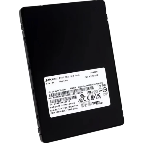 Твердотельный накопитель/ Micron SSD 7450 PRO, 7680GB, U.3(2.5" 7mm), NVMe, PCIe 4.0 x4, 3D TLC, R/W 6800/5600MB/s, IOPs 1 000 000/215 000, TBW 14000, DWPD 1 (12 мес.) фото 2