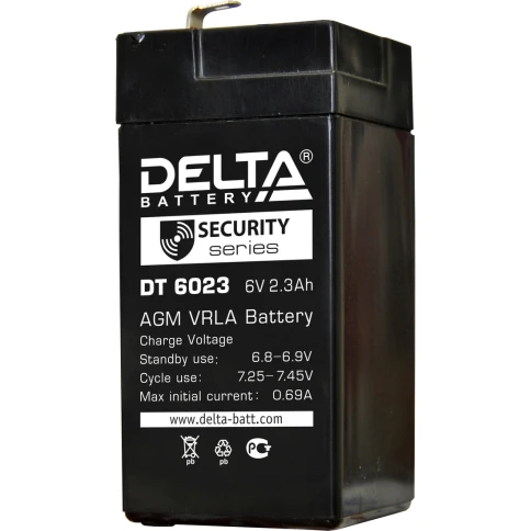Батарея DELTA серия DT, DT 6023, напряжение 6В, емкость 2.3Ач (разряд 20 часов),  макс. ток разряда (5 сек.) 30А, макс. ток заряда 0.69А, свинцово-кислотная типа AGM, клеммы F1, ДxШxВ 44х47х101мм., вес 0.45кг., срок службы 5 лет./ Battery DELTA series DT, фото 1