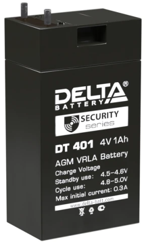 Батарея DELTA серия DT, DT 401, напряжение 4В, емкость 1Ач (разряд 20 часов), макс. ток заряда 0.3А, свинцово-кислотная типа AGM, клеммы вывод под пайку5мм., ДxШxВ 35х22х64мм., 0.1кг., срок службы 5 лет./ Battery DELTA series DT, DT 401, voltage 4V, capac фото 1