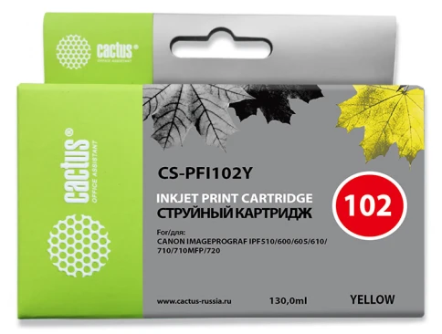 -/ Картридж струйный Cactus CS-PFI102Y желтый (130мл) для Canon IP iPF500/iPF600/iPF700/MFP M40/iPF765/ фото 1
