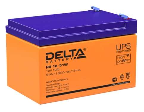 Батарея DELTA серия HR-W, HR 12-51 W, напряжение 12В, емкость 12Ач (разряд 20 часов),  макс. ток разряда (5 сек.) 180А, макс. ток заряда 3.6А, свинцово-кислотная типа AGM, клеммы F2, ДxШxВ 151х98х95мм., вес 3.8кг., срок службы 8 лет./ Battery DELTA series фото 1