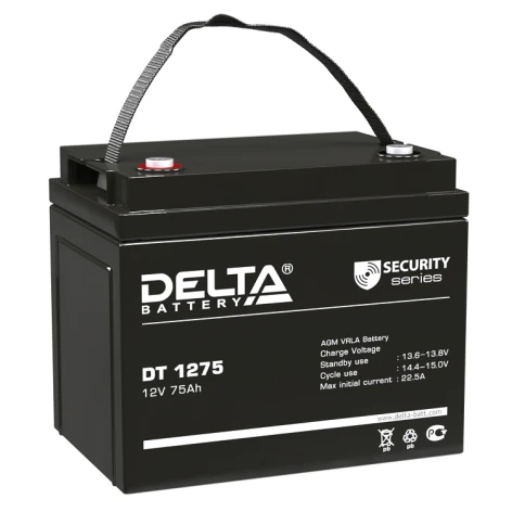 Батарея DELTA серия DT, DT 1275, напряжение 12В, емкость 75Ач (разряд 20 часов),  макс. ток разряда (5 сек.) 870А, макс. ток заряда 22.5А, свинцово-кислотная типа AGM, клеммы под болт М6, ДxШxВ 260х168х211мм., вес 21.5кг., срок службы 7-10 лет./ Battery D фото 1