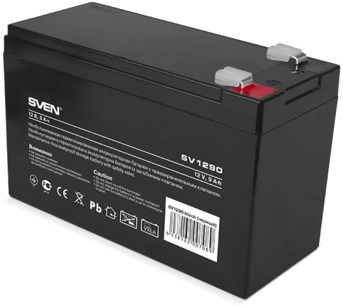 Батарея SVEN SV 1290 (12V 9Ah), напряжение 12В, емкость 9А*ч, макс. ток разряда 128А, макс. ток заряда 2.7А, свинцово-кислотная типа AGM, тип клемм F2, Д/Ш/В 151/65/94, 2.65кг/ Battery SVEN SV 1290 (12V 9Ah), 12V voltage, 9A*h capacity, max. discharging r фото 1