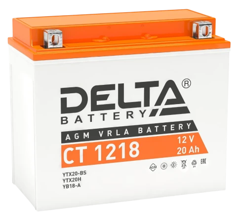 Аккумуляторная батарея для мото-техники/ DELTA серия  CT, CT 1218, напряжение 12В, емкость 20 Ач (разряд 10 часов 10.5 В), пусковой ток: 270А, полярность обратная ( - +),  тип AGM;Pb (свинцово-кислотный), клеммы: BN под болт,  ДxШxВ 177x88x154мм., вес  6, фото 1