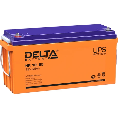 Батарея DELTA серия HR, HR 12-65, напряжение 12В, емкость 65Ач (разряд 10 часов),  макс. ток разряда (5 сек.) 650А, макс. ток заряда 19.5А, свинцово-кислотная типа AGM, клеммы под болт М6, ДxШxВ 350х167х179мм., вес 23.4кг., срок службы 10-12 лет./ Battery фото 1