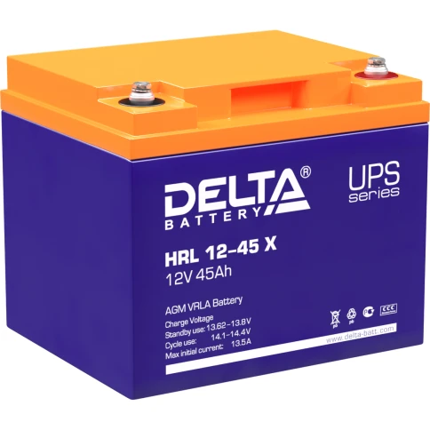 Батарея DELTA серия HRL-X, HRL 12-45 X, напряжение 12В, емкость 45Ач (разряд 10 часов),  макс. ток разряда (5 сек.) 450А, макс. ток заряда 13.5А, свинцово-кислотная типа AGM, клеммы под болт М6, ДxШxВ 198х166х170мм., вес 14.8кг., срок службы 12 лет./ Batt фото 1