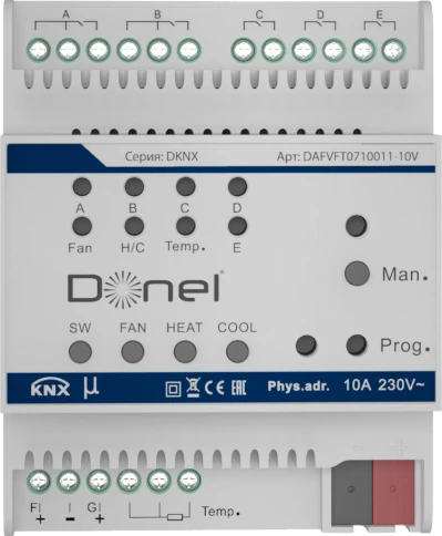 Контроллер фанкойла Donel DAFVFT0710011-10V — KNX, 4 выхода 0–10 В, для двух- и четырёхтрубных систем фото 1
