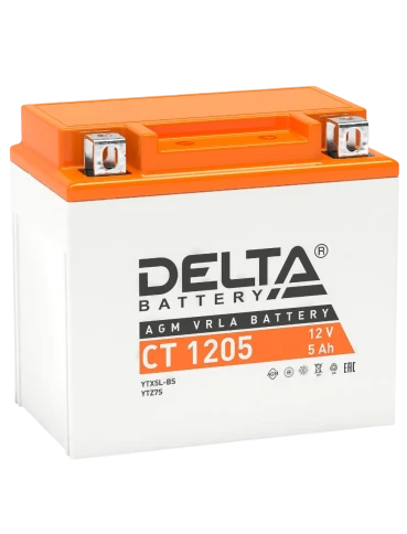 Аккумуляторная батарея для мото-техники/ DELTA серия  CT, CT 1205, напряжение 12В, емкость 5 Ач (разряд 10 часов 10.5 В), пусковой ток: 80А, полярность обратная ( - +),  тип AGM;Pb (свинцово-кислотный), клеммы: BN под болт,  ДxШxВ 114x70x106мм., вес  1,8к фото 1