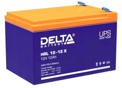 Батарея DELTA серия HRL-X, HRL 12-12 X, напряжение 12В, емкость 12Ач (разряд 10 часов),  макс. ток разряда (5 сек.) 160А, макс. ток заряда 3.6А, свинцово-кислотная типа AGM, клеммы F2, ДxШxВ 151х98х95мм., вес 3.85кг., срок службы 12 лет./ Battery DELTA se фото 1