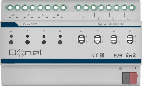 Donel KNX Диммер 1-10V , 4-канальный, 16A, Пассивный режим DC 0/1-10 В, ток переключения 16 А / 250 В переменного тока, Функции KNX: Swith, относительное и абсолютное диммирование, реакция на состояние, сцены (15/канал), предустановка. Установка на DIN-ре фото 1