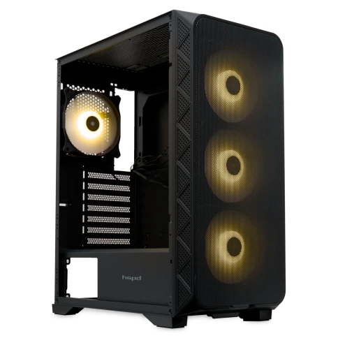 Корпус без блока питания/ Case HSPD M521, Mesh Mid Tower, Black, slide TG, 0.45 SPCC, 4x120mm ARGB (M11-120) ATX, mATX, mITX 160/330/184mm 2x2.5", -, 7xPCI 2xUSB-A 3.0, 1xUSB-A 1.0 390x200x449mm фото 2