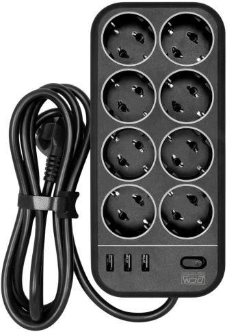 Фильтр-удлинитель PowerCom SP-08 USB03AB 3.0M, 8 розеток, черный, 16А, 4кВт, 175Дж, 3*USB, защитные шторки, защита от КЗ, перегрузки, ВЧ и импульсных помех, кабель 3x1 мм2, ШхГхВ 230х105х45 мм, вес 0.68 кг./ Surge protector PowerCom SP-08 USB03AB 3.0M, 8 фото 1