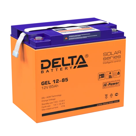 Батарея DELTA серия GEL, GEL 12-85, напряжение 12В, емкость 85Ач (разряд 10 часов),  макс. ток разряда (5 сек.) 750А, макс. ток заряда 17А, свинцово-кислотная типа AGM+GEL, клеммы под болт М6, ДxШxВ 260х168х219мм., вес 25.2кг., LCD, срок службы 10-12 лет. фото 1