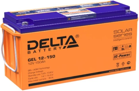 Батарея DELTA серия GEL, GEL 12-150, напряжение 12В, емкость 150Ач (разряд 10 часов),  макс. ток разряда (5 сек.) 1000А, макс. ток заряда 30А, свинцово-кислотная типа AGM+GEL, клеммы под болт М8, ДxШxВ 484х170х241мм., вес 48.1кг., LCD, срок службы 10-12 л фото 1